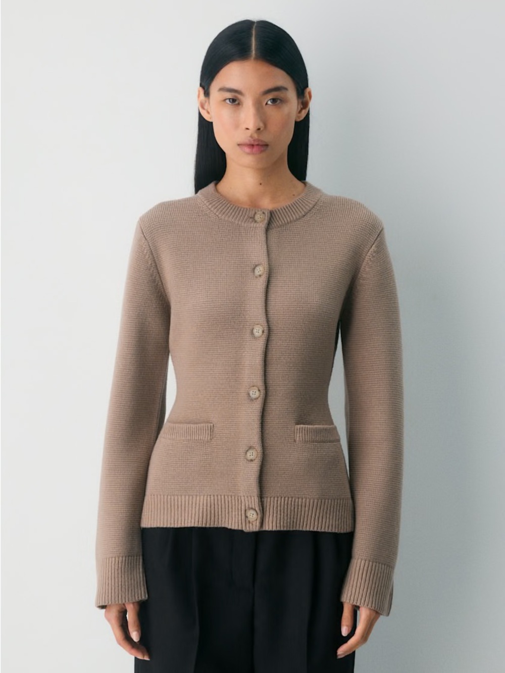 Aritzia Taupe Button-Front Knit Cardigan